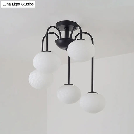 Modernist 5-Light Ceiling Mounted Semi Flush Mount With Frosted Glass Shade In Black/White Finish