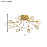 Modernist 8-Light Gold Crystal Globe Semi-Flush Lighting: Led Restaurant Ceiling Lamp