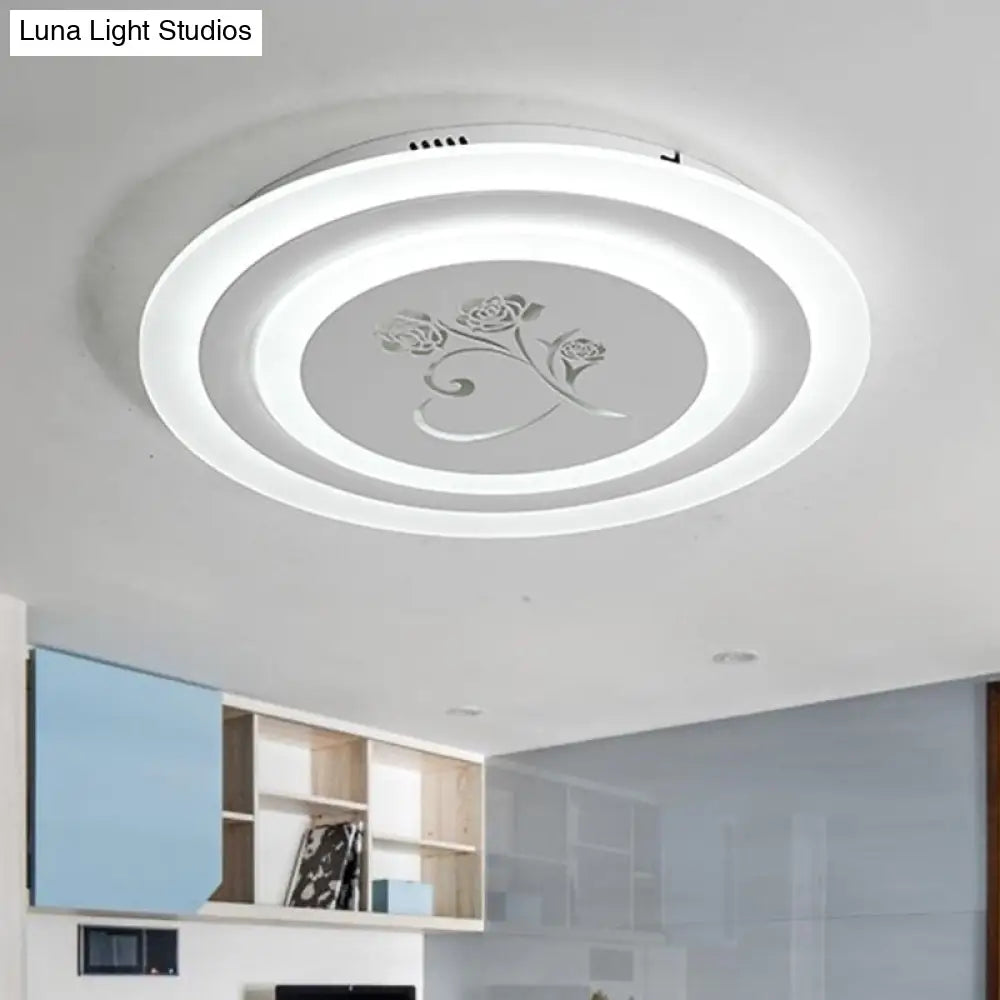 Modernist Acrylic Circle Flush Led Ceiling Light With Rose Pattern - White Mounted