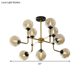 Modernist Amber Glass Globe Semi Flush Ceiling Mount Light Fixture (9/13 Bulbs) In Brass