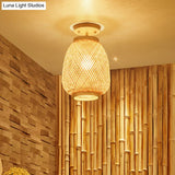 Modernist Bamboo Ceiling Mounted Semi Flush Light Fixture For Living Room - Wood Finish