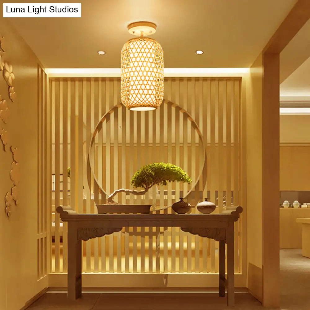 Modernist Bamboo Ceiling Mounted Semi Flush Light Fixture For Living Room - Wood Finish