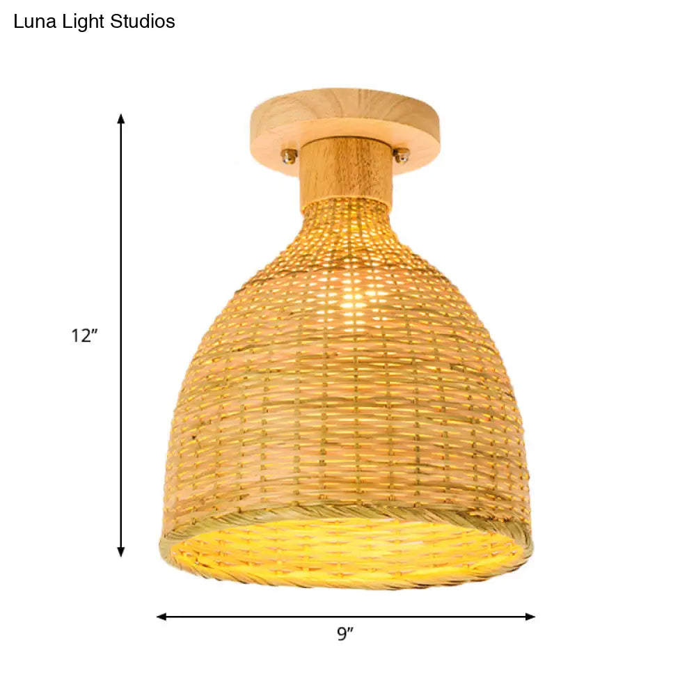 Modernist Bamboo Ceiling Mounted Semi Flush Light Fixture For Living Room - Wood Finish