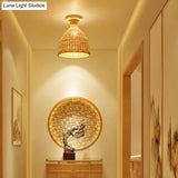Modernist Bamboo Ceiling Mounted Semi Flush Light Fixture For Living Room - Wood Finish