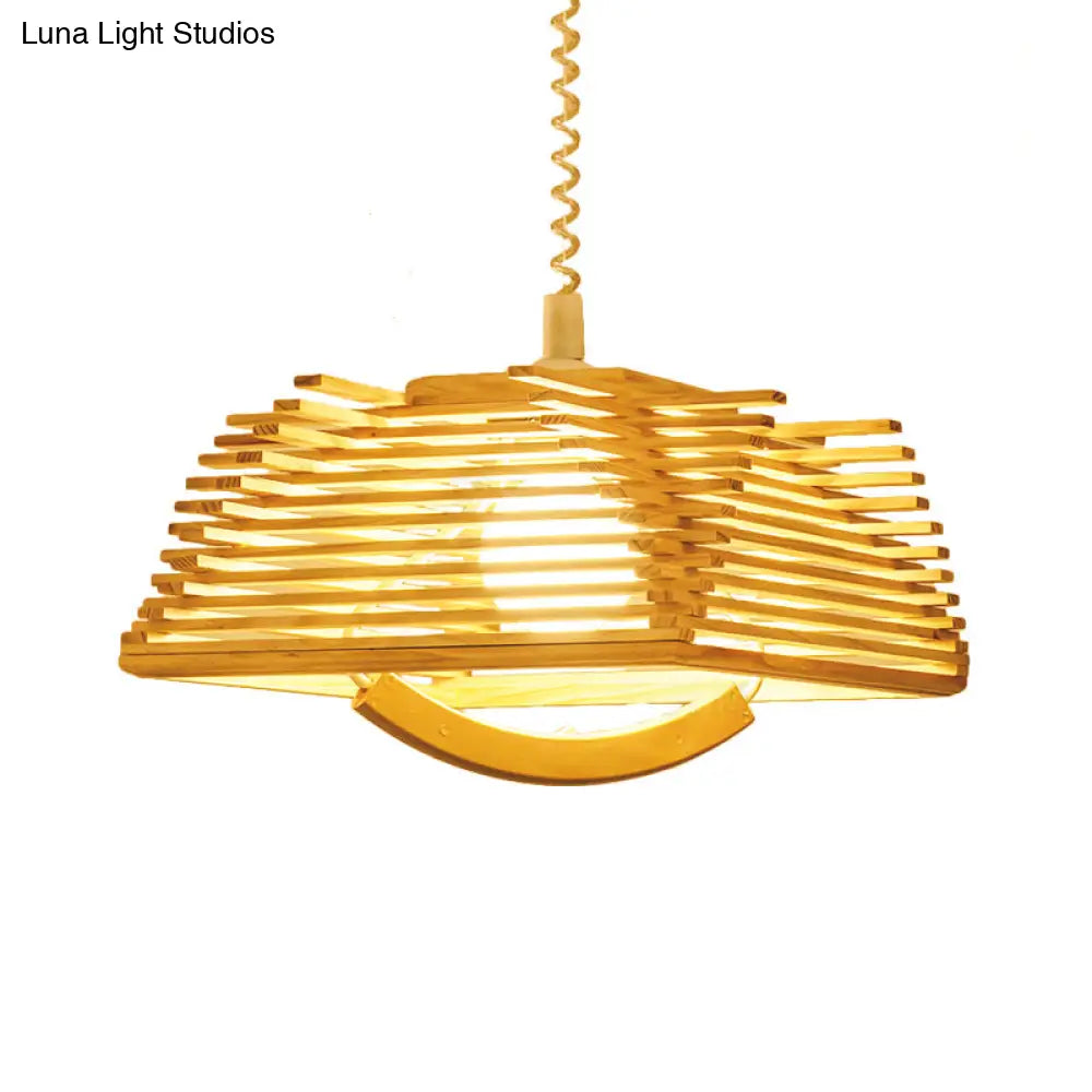 Modernist Beige Tapered Pendant Light With Wood Shade