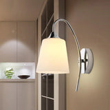 Modernist Bell Milk Glass Sconce Light With Curved Arm Chrome