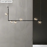 Modernist Black Glass Globe Pendant Light With 6 Bulbs And Right Angled Frame - Warm/White Lighting