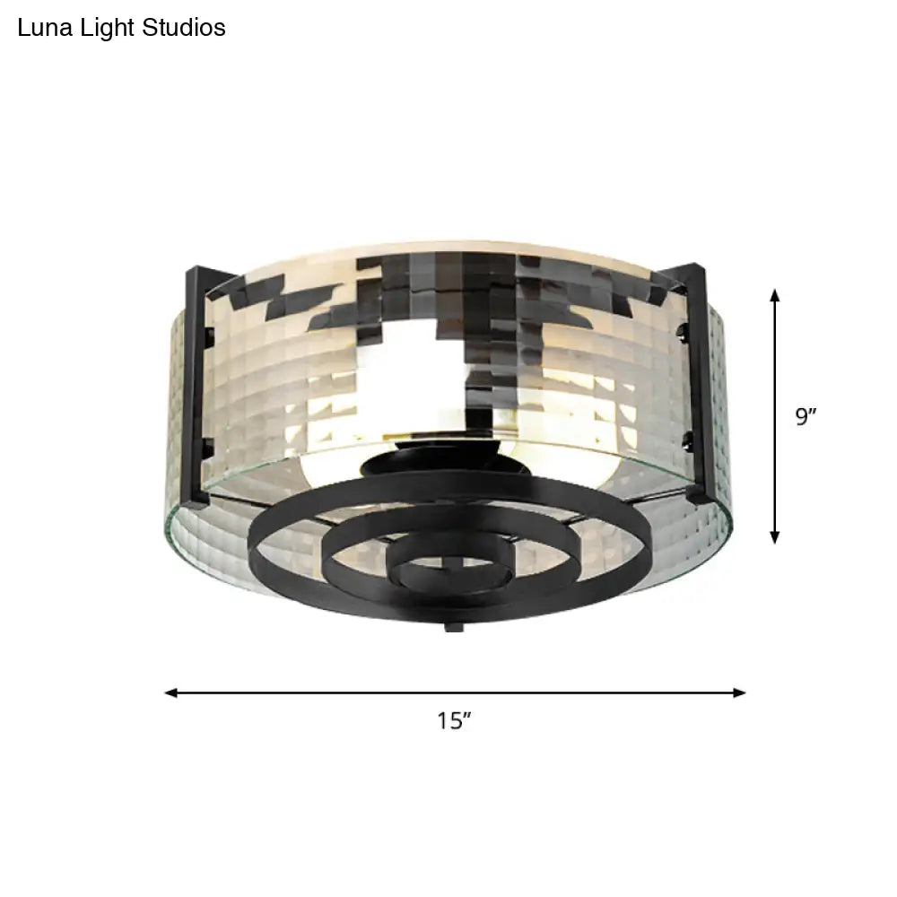 Modernist Black Glass Round Flushmount - Clear Trellis/Stripe 3 Bulbs Bedroom Flush Mounted Light