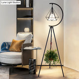 Modernist Black/Gold Diamond Cage Floor Lamp With Tri-Leg Stand - 1 Light Metal