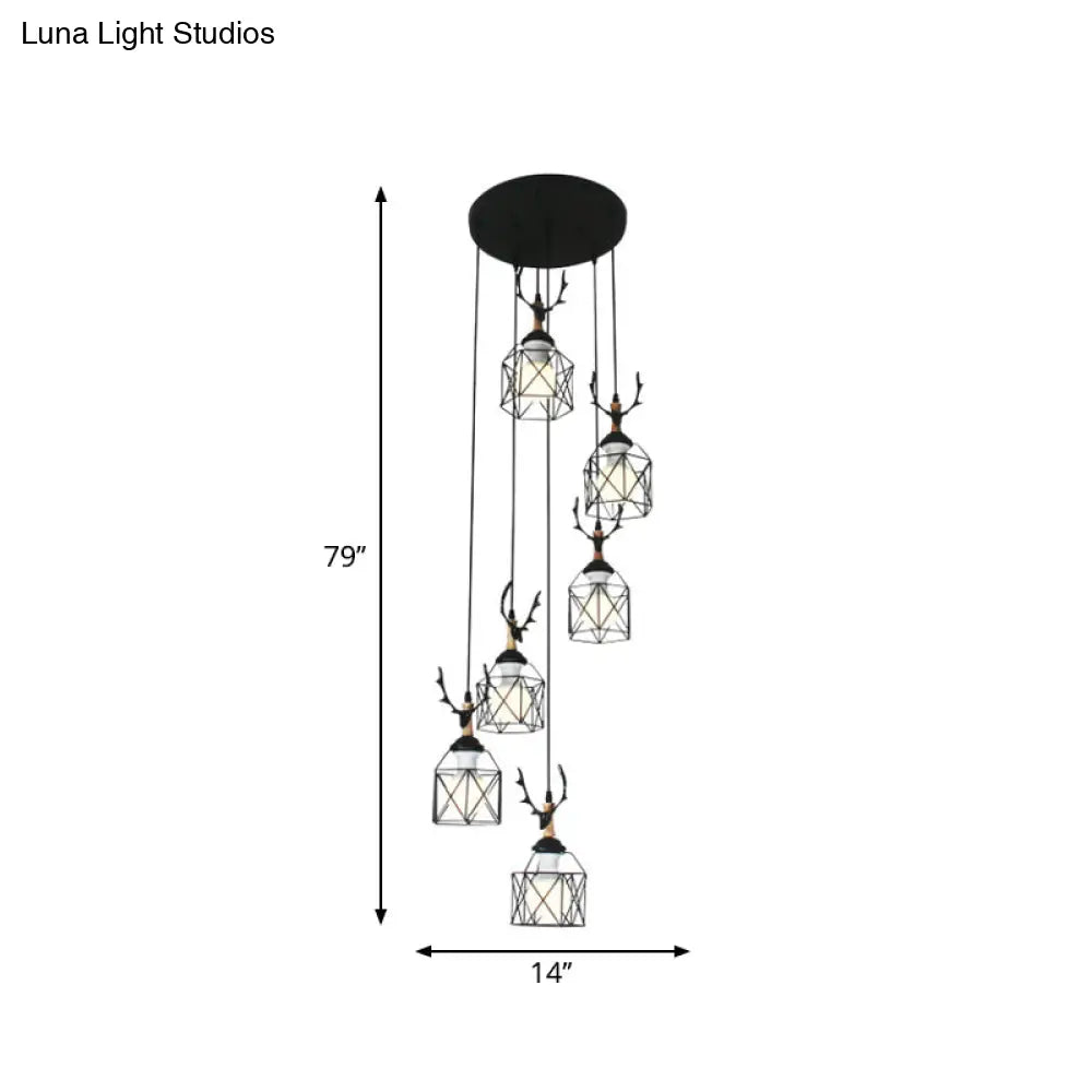 Modernist Black Hexagon Cage Pendant Lamp With Spiral Design - Metal Multiple Hanging Light