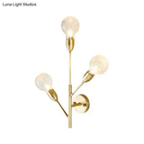 Modernist Brass Armed Sconce Lamp Wall Mount Light Fixure With Prismatic Glass Ball Shade - 3 Bulbs