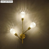 Modernist Brass Armed Sconce Lamp Wall Mount Light Fixure With Prismatic Glass Ball Shade - 3 Bulbs