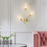 Modernist Brass Armed Sconce Lamp Wall Mount Light Fixure With Prismatic Glass Ball Shade - 3 Bulbs