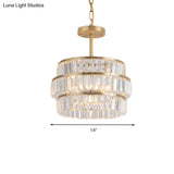 Modernist Brass Layered Ceiling Chandelier With Crystal Suspension - 3 Bulbs Pendant Light