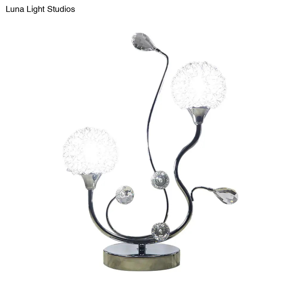 Modernist Chrome Finish Dandelion Nightstand Light: 2-Light Metallic Night Lamp With Crystal Accent