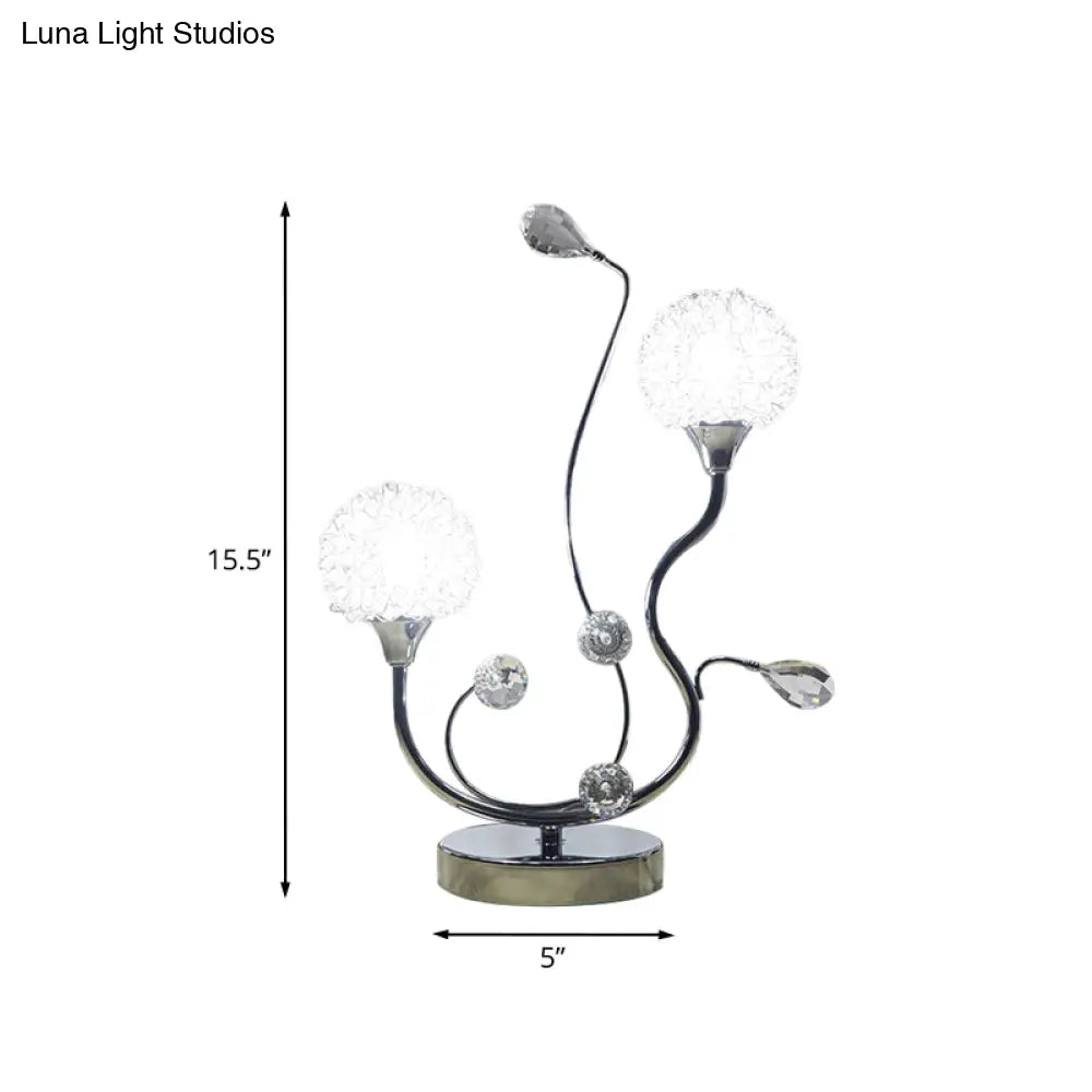 Modernist Chrome Finish Dandelion Nightstand Light: 2-Light Metallic Night Lamp With Crystal Accent