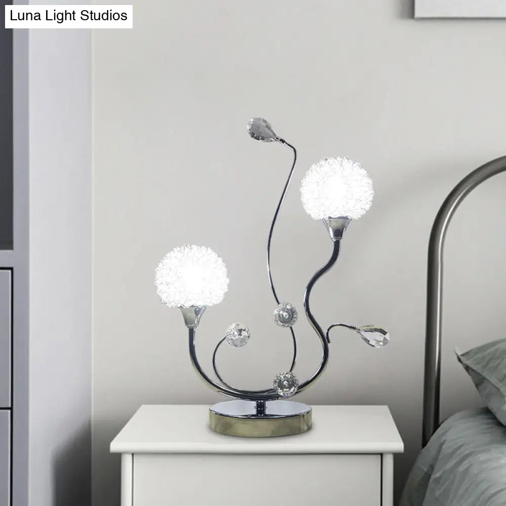 Modernist Chrome Finish Dandelion Nightstand Light: 2-Light Metallic Night Lamp With Crystal Accent