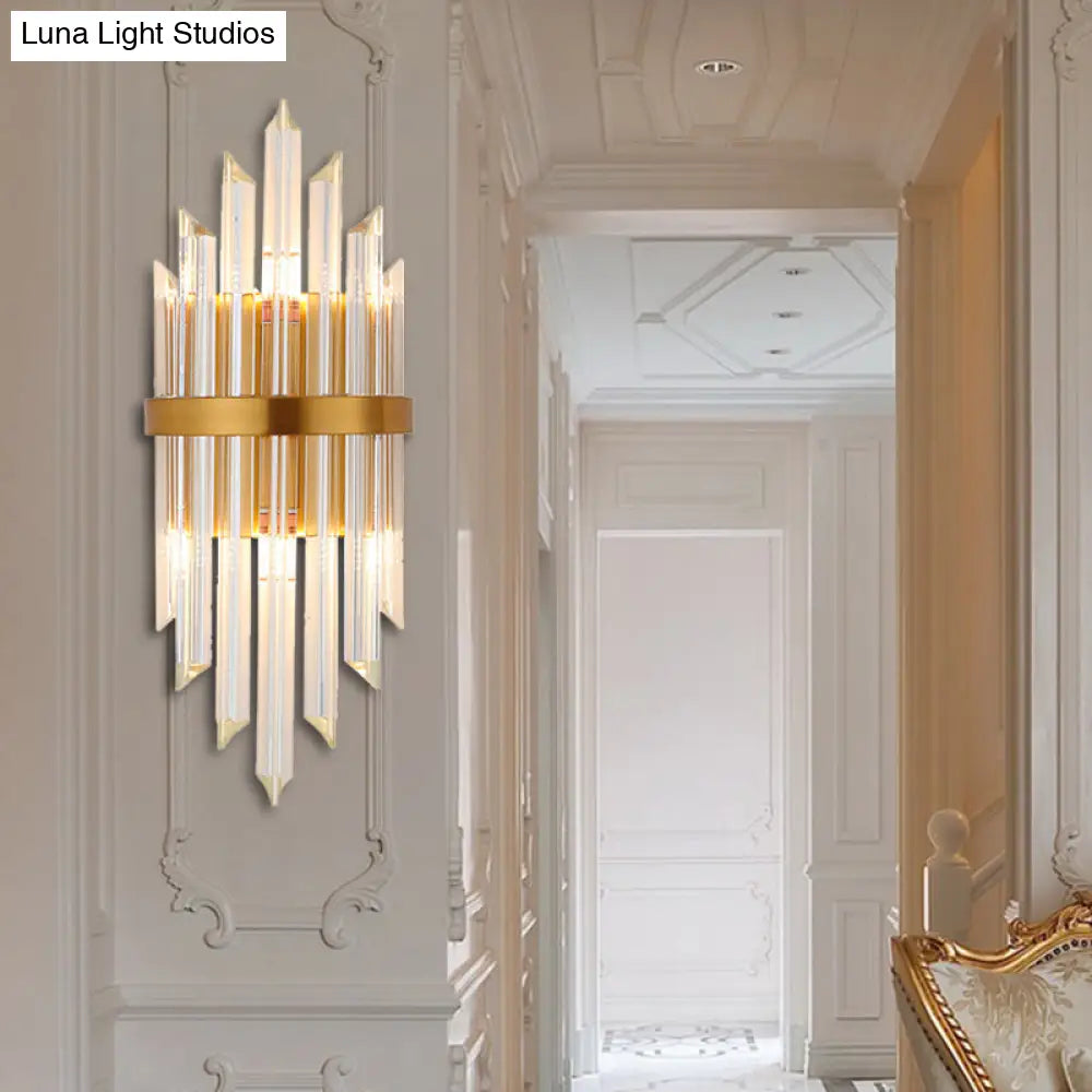Modernist Clear Crystal Prism Wall Sconce With 2 Lights - Brass Finish