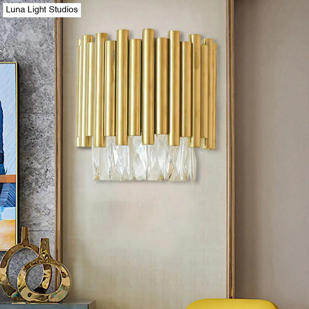 Modernist Clear Faceted Crystal Wall Mount 1 Light Brass For Living Room