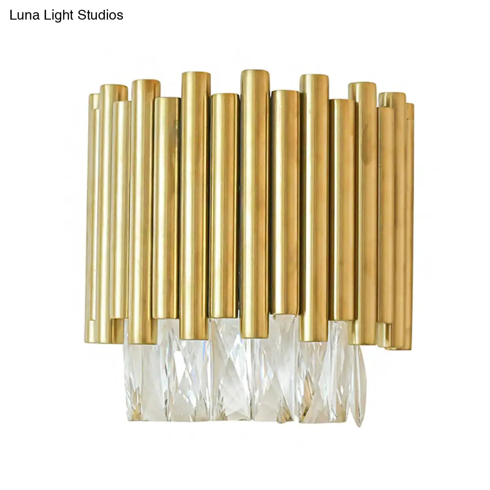 Modernist Clear Faceted Crystal Wall Mount 1 Light Brass For Living Room