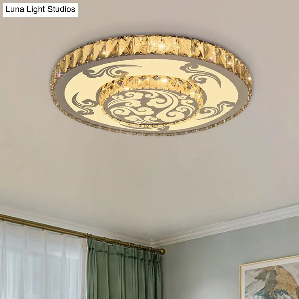 Modernist Crystal Block Led Flush Mount Ceiling Light With Nickel Finish - 2 - Tier Round Design
