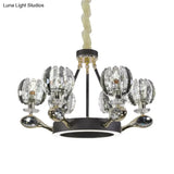 Modernist Crystal Bud Suspension Light - 6 Head Black Chandelier