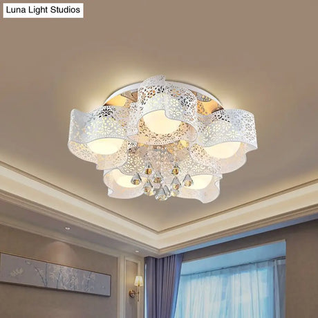 Modernist Crystal Ceiling Lamp With Etched Flower Design 3/5 Lights Opal Glass Ball Shade