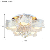 Modernist Crystal Ceiling Lamp With Etched Flower Design 3/5 Lights Opal Glass Ball Shade