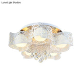 Modernist Crystal Ceiling Lamp With Etched Flower Design 3/5 Lights Opal Glass Ball Shade
