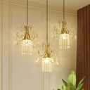 Modernist Crystal Droplet Cylinder Multi Ceiling Light - 3-Light Brass Pendant For Dining Room