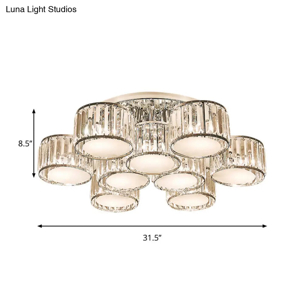Modernist Crystal Drum Flush Mount Ceiling Lamp In Chrome Finish