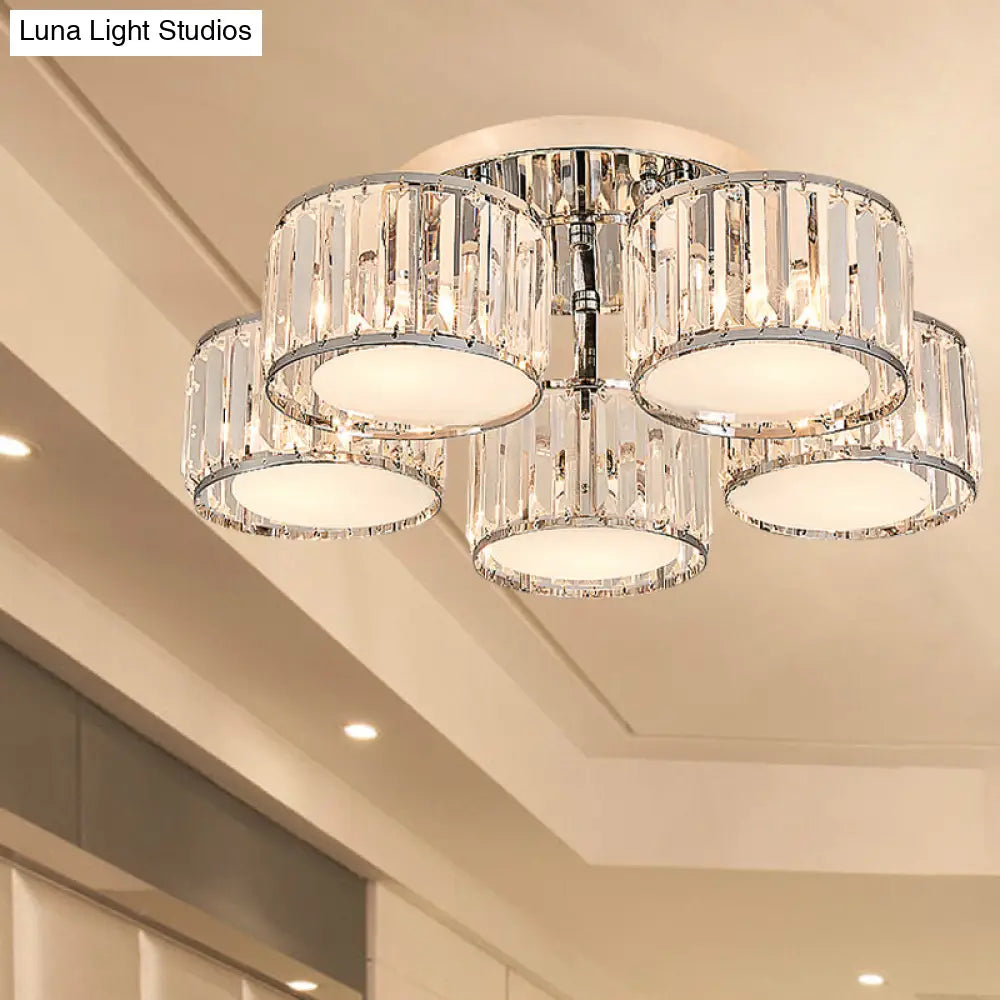 Modernist Crystal Drum Flush Mount Ceiling Lamp In Chrome Finish