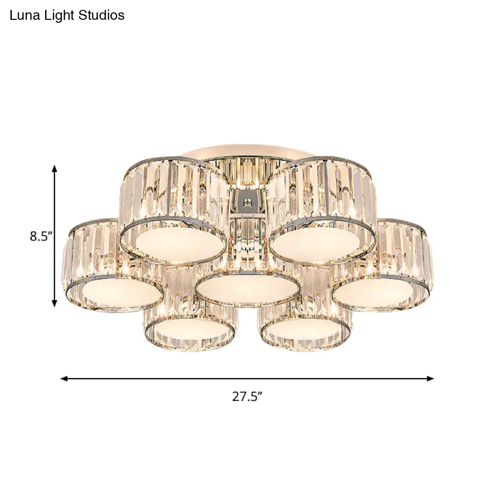 Modernist Crystal Drum Flush Mount Ceiling Lamp In Chrome Finish