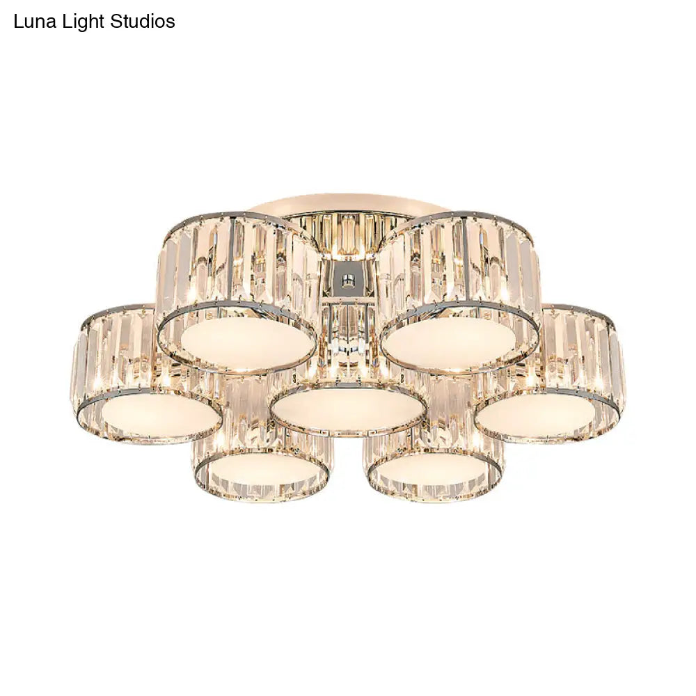 Modernist Crystal Drum Flush Mount Ceiling Lamp In Chrome Finish
