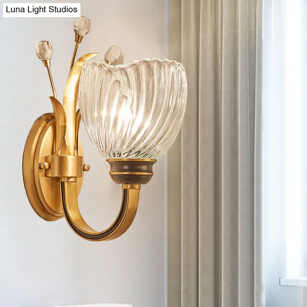 Modernist Crystal Shade Brass Wall Sconce For Living Room - 1/2-Light Bowl Lighting