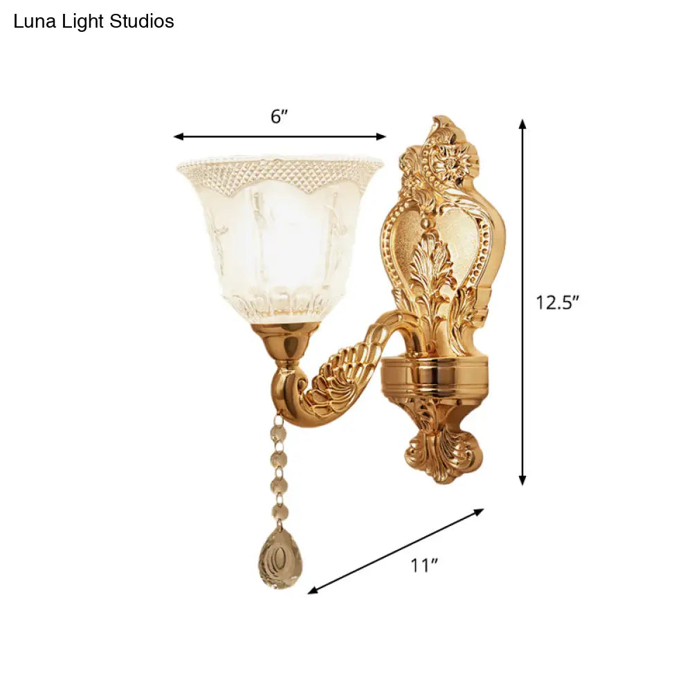 Modernist Crystal Shade Gold Wall Sconce: Elegant Bell Flower Design 1-Light Living Room Lamp
