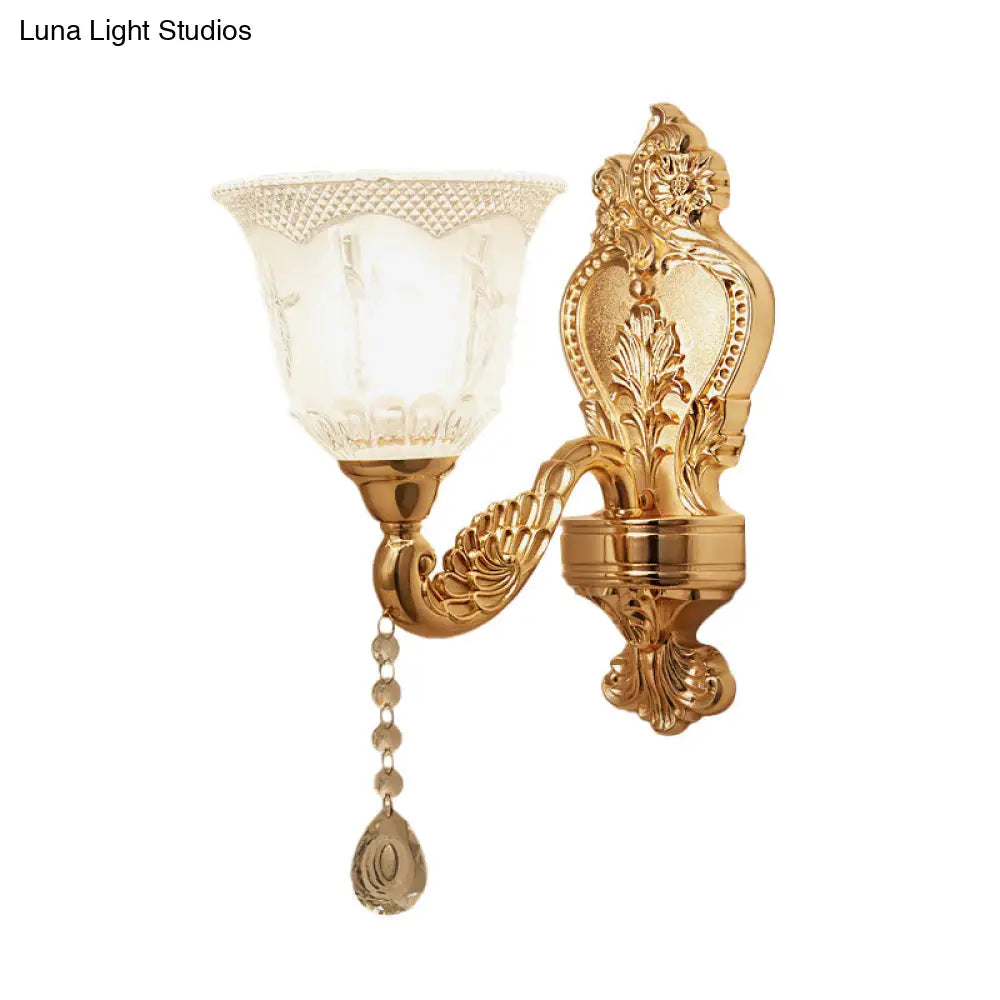 Modernist Crystal Shade Gold Wall Sconce: Elegant Bell Flower Design 1-Light Living Room Lamp