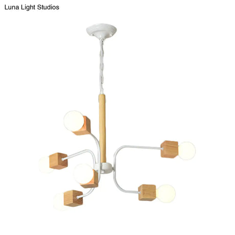 Modernist Curved Arm Pendant Chandelier: White/Black Multi-Light Wood Hanging Lamp With Chain