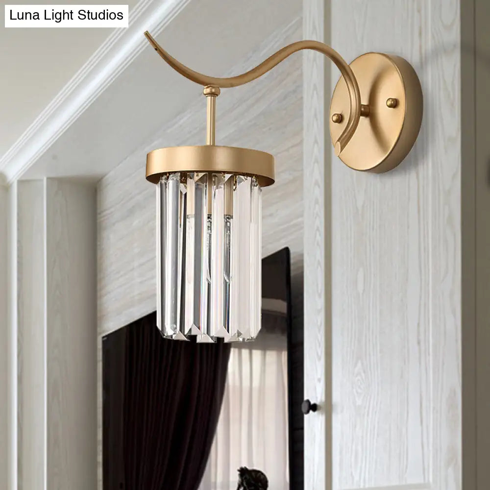 Modernist Curved Metal Wall Sconce Lamp - 1 Head Brass Finish With Clear Crystal Block