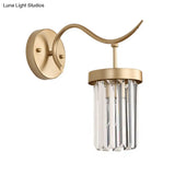 Modernist Curved Metal Wall Sconce Lamp - 1 Head Brass Finish With Clear Crystal Block