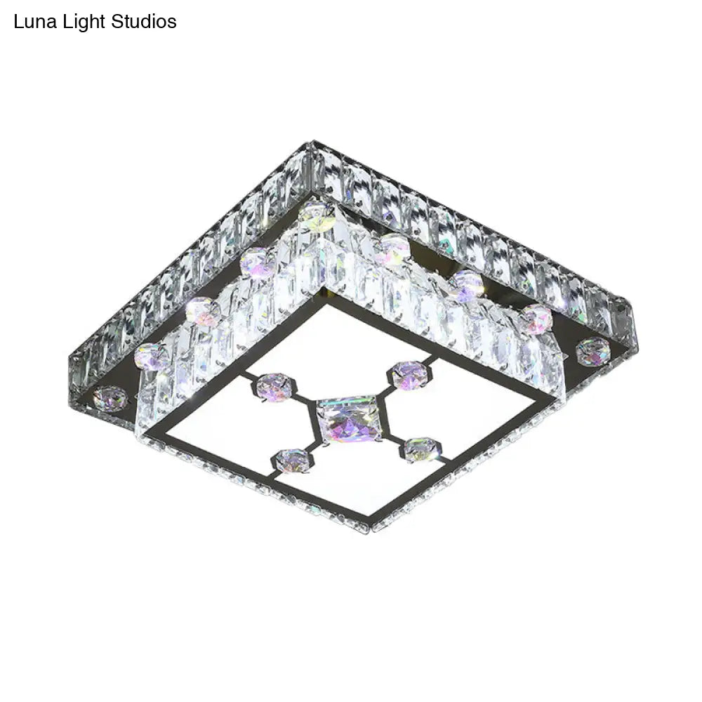 Modernist Cut Crystal Led Nickel Ceiling Lamp With Square Flush Mount For Porch