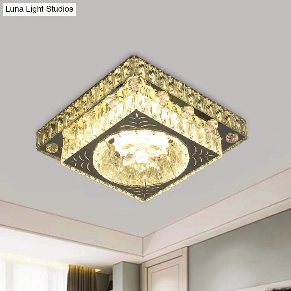 Modernist Cut Crystal Led Nickel Ceiling Lamp With Square Flush Mount For Porch