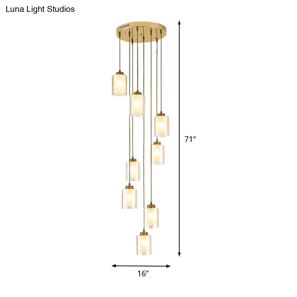 Modernist Cylinder Clear And White Glass Multi-Lamp Pendant With 8 Hanging Heads
