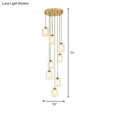 Modernist Cylinder Clear And White Glass Multi-Lamp Pendant With 8 Hanging Heads