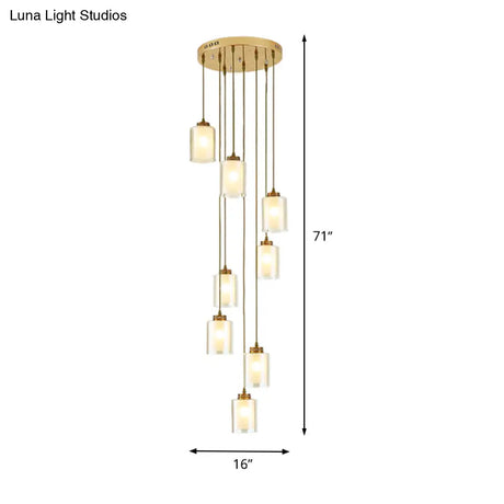 Modernist Cylinder Clear And White Glass Multi-Lamp Pendant With 8 Hanging Heads