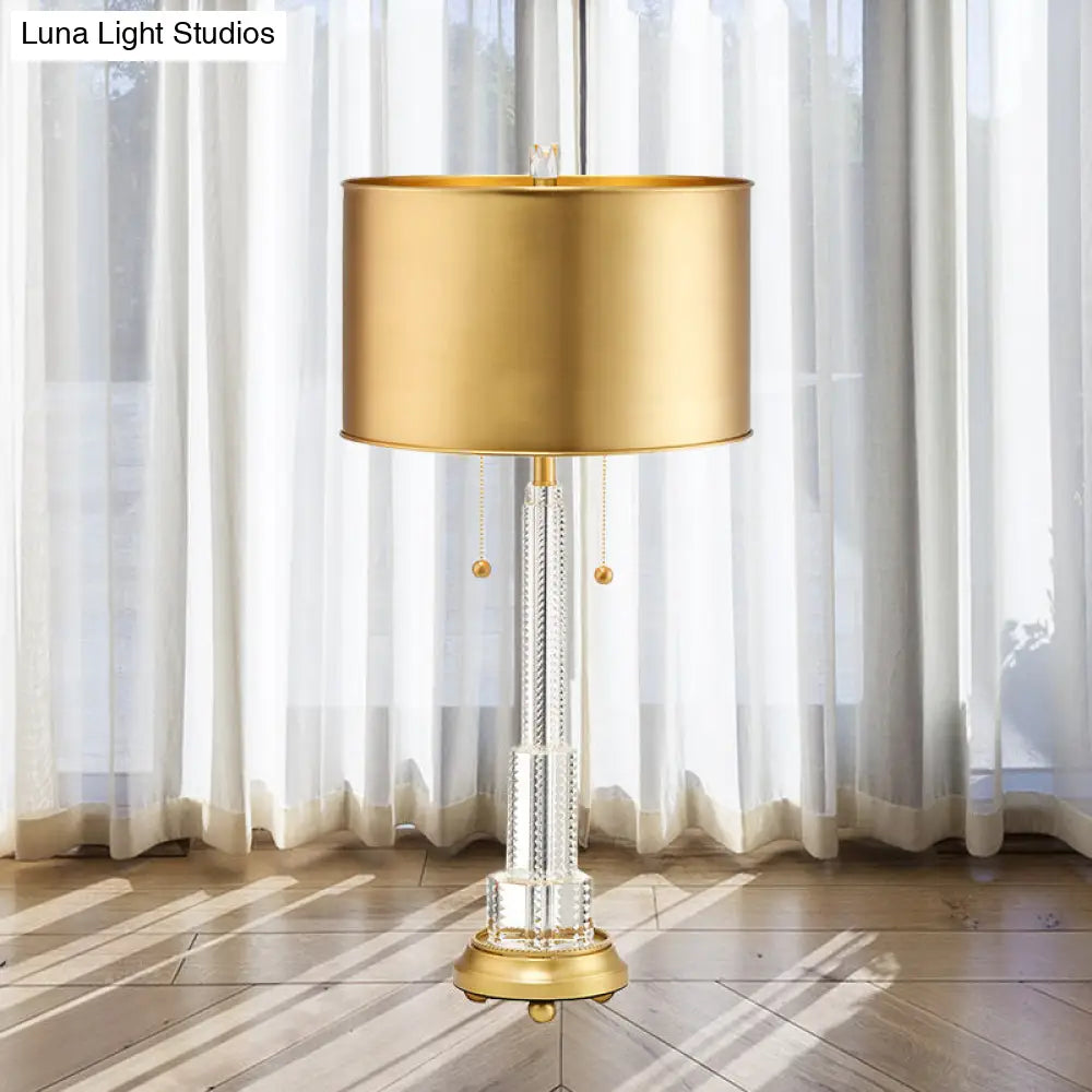 Modernist Cylinder Metal Task Lighting: 2-Bulb Gold Reading Lamp With Pull Chain