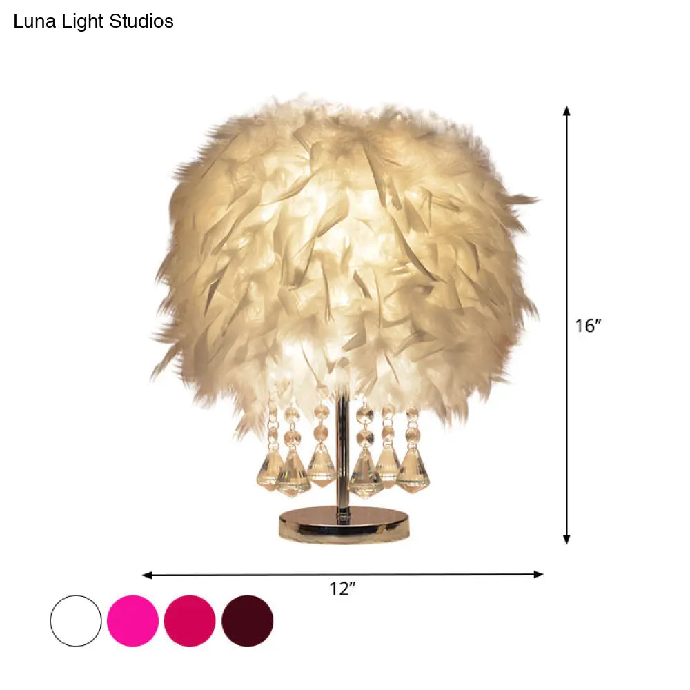Modernist Cylinder Night Light In Pink/Peach Red/White With Crystal Strand - Single Bedroom Table