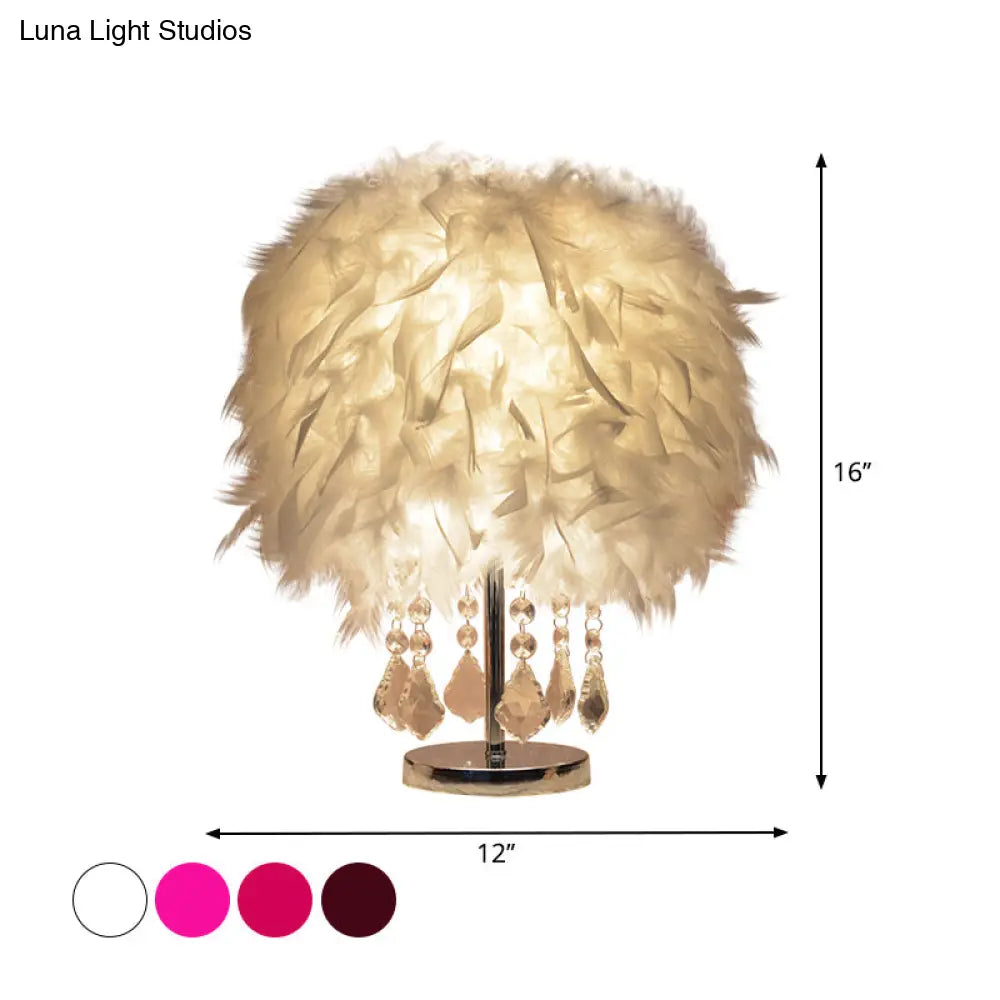 Modernist Cylinder Night Light In Pink/Peach Red/White With Crystal Strand - Single Bedroom Table