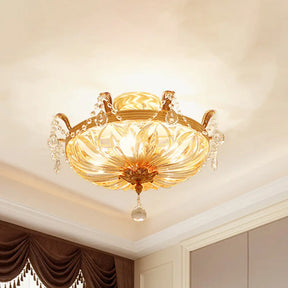 Modernist Dome Clear Glass Semi Flush Light - 5 - Light Gold Ceiling Fixture With Crystal Draping