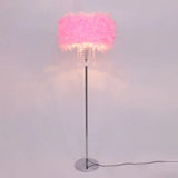 Modernist Drum Dining Room Floor Lamp In Pink/White/Purple With Crystal Draping Pink